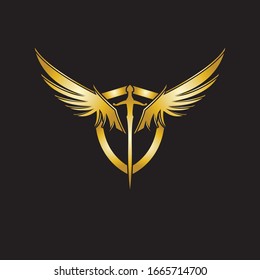 Gold winged sword with shield vector icon.
