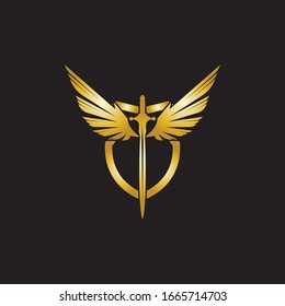 Gold winged sword with shield vector icon.