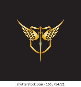 Sombra alada dorada con icono vectorial escudo.