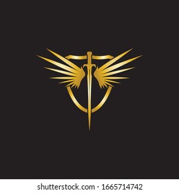 Gold winged sword with shield vector icon.