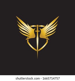 Gold winged sword with shield vector icon.
