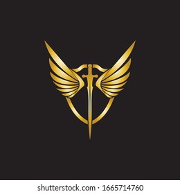 Gold winged sword with shield vector icon.