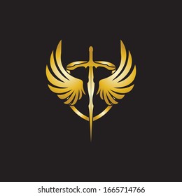 Gold winged sword with shield vector icon.