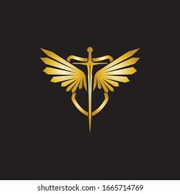 Gold winged sword with shield vector icon.