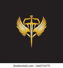 Gold winged sword with shield vector icon.