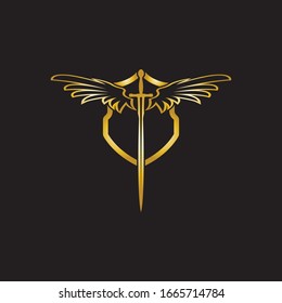 Gold winged sword with shield vector icon.