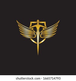 Gold winged sword with shield vector icon.