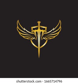 Gold winged sword with shield vector icon.