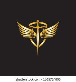 Gold winged sword with shield vector icon.