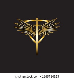 Gold winged sword with shield vector icon.