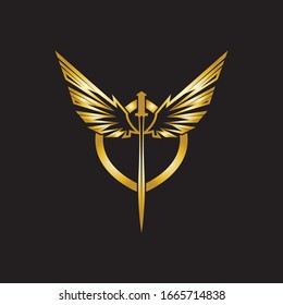 Gold winged sword with shield vector icon.