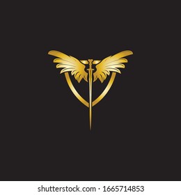 Sombra alada dorada con icono vectorial escudo.