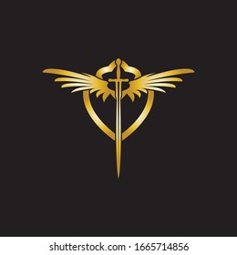 Sombra alada dorada con icono vectorial escudo.