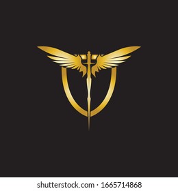 Gold winged sword with shield vector icon.