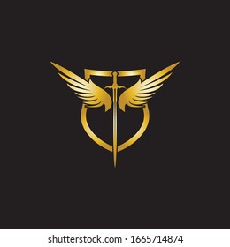 Gold winged sword with shield vector icon.