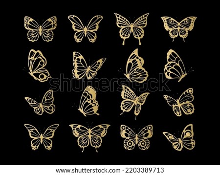 Gold wings butterfly. Golden insect bugs tatto silhouettes, queen monarch tattoos insects symbols, beautiful farfalle vector