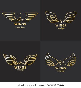 Gold wings outline logo vector set. Vintage hipster design.