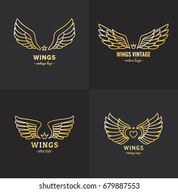 Gold wings outline logo vector set. Vintage hipster design.
