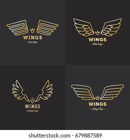 Gold wings outline logo vector set. Vintage hipster design.