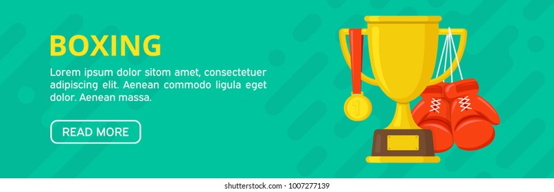 Gold winner champions cup with medal and boxing gloves. Sport banner. Challenge background. Flat design. Vector illustration. Used for greeting cards, posters, flyers, prints for clothes, logo.