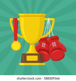 Gold winner champions cup with medal and  boxing gloves on color background. Sport vector illustration. Flat style icon.