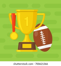 Gold winner champions cup with medal and american football egg. Sport banner. Challenge background. Flat design. Vector illustration. Used for greeting cards, posters, flyers, logo.