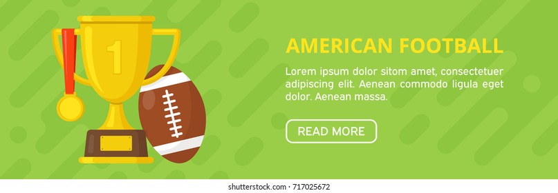 Gold winner champions cup with medal and american football egg. Sport banner. Challenge background. Flat design. Vector illustration. Used for greeting cards, posters, flyers, prints for clothes.