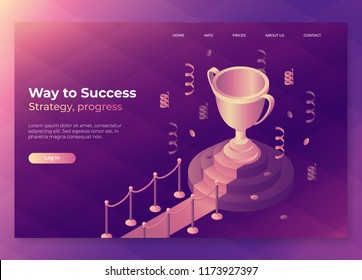 Gold winner cup on red carpet with barriers. Trophy landing page concept, victory, award, achievement. isometric trophy cup on a pedestal with confetti. Eps10 vector