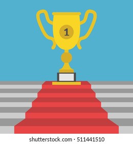 Gold winner cup on red carpet on blue background. Trophy, victory, sports, award, achievement and goal concept. Flat design. Vector illustration. EPS 8, no transparency