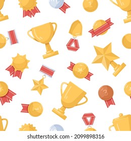 Gold winner cups and medals pattern. Seamless background with golden sports trophies, prizes and rewards. Endless texture design with repeating competition awards print. Flat vector illustration