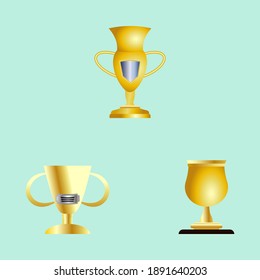 Gold Winner cups. Set of different golden trophies. Vector illustrations isolated on blue