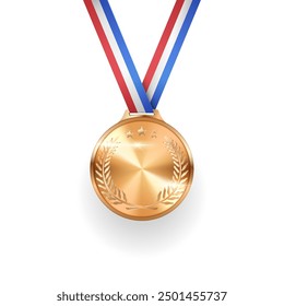 Gold winner medal hanging on France flag colors ribbon realistic vector illustration. Champion reward with design mockup 3d object on white background