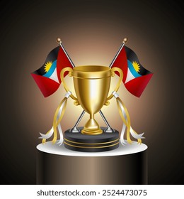 Gold Winner Trophy with Antigua and Barbuda flag and cup without cover on gradation color background