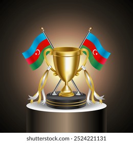 Gold Winner Trophy with Azerbaijan flag and cup with and without cover on gradation color background.