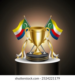 Gold Winner Trophy with Comoros flag and cup with and without cover on gradation color background.