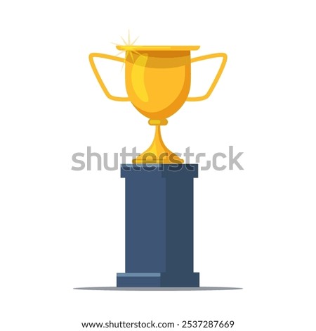 Gold winner trophy cup on podium. Award pedestal for first place. Champion prize for victory. Cartoon vector illustration isolated on transparent background.