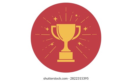 Gold winner trophy cup with shining rays and stars inside a red circle icon isolated on a plain white background.