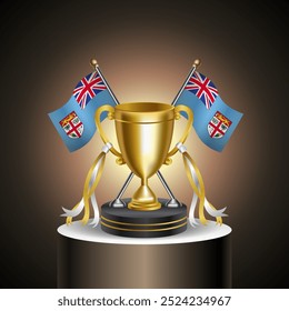 Gold Winner Trophy with Fiji flag and cup with and without cover on gradation color background.
