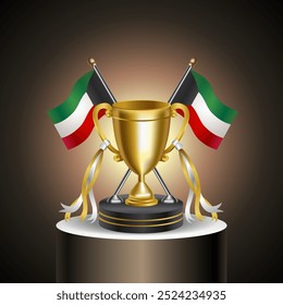 Gold Winner Trophy mit Kuwait Flagge und Tasse mit und ohne Abdeckung auf Farbverlauf Hintergrund.
