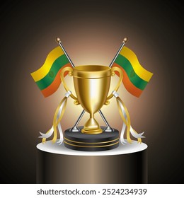 Gold Winner Trophy with Lithuanian flag and cup with and without cover on gradation color background.
