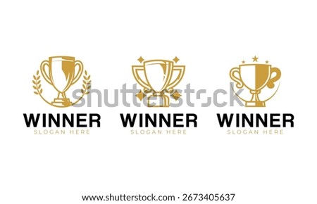 Gold winner trophy logo collections. Symbol with trophy icon, wheat, and sparkle concept for sport tournament. Victory team vector illustration