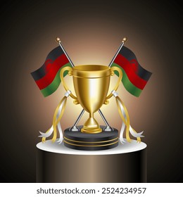 Troféu Ouro Vencedor com bandeira e taça do Malawi com e sem capa sobre fundo de cor de gradação.