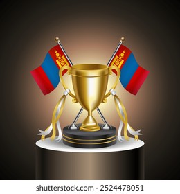 Trofeo ganador de oro con bandera de Mongolia y copa sin cubierta sobre fondo de color de gradación.