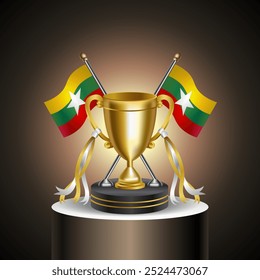 Troféu dos Vencedores de Ouro com bandeira e taça de Mianmar sem capa sobre fundo de cor de gradação