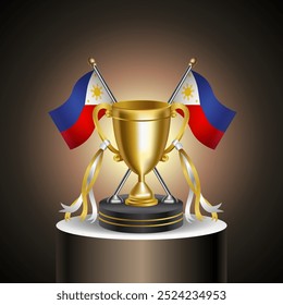 Trofeo de ganador de oro con bandera de Filipinas y copa con y sin cubierta sobre fondo de color de gradación.
