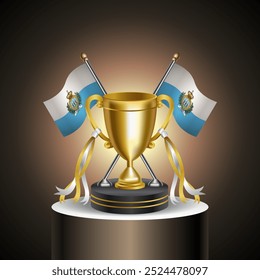 Gold Winner Trophy with San Marino flag and cup without cover on gradation color background.