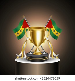 Gold Winner Trophy with Sao Tome and Principe flag and cup without cover on gradation color background.