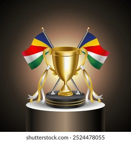 Gold Winner Trophy mit Seychellen Flagge und Tasse ohne Abdeckung auf Farbverlauf Hintergrund.