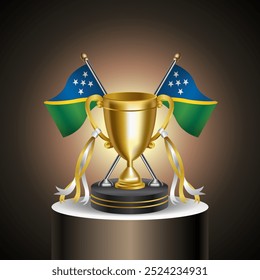Gold Winner Trophy with Solomon Islands flag and cup with and without cover on gradation color background.