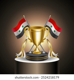 Gold Winner Trophy with Syria flag and cup with and without cover on gradation color background.
